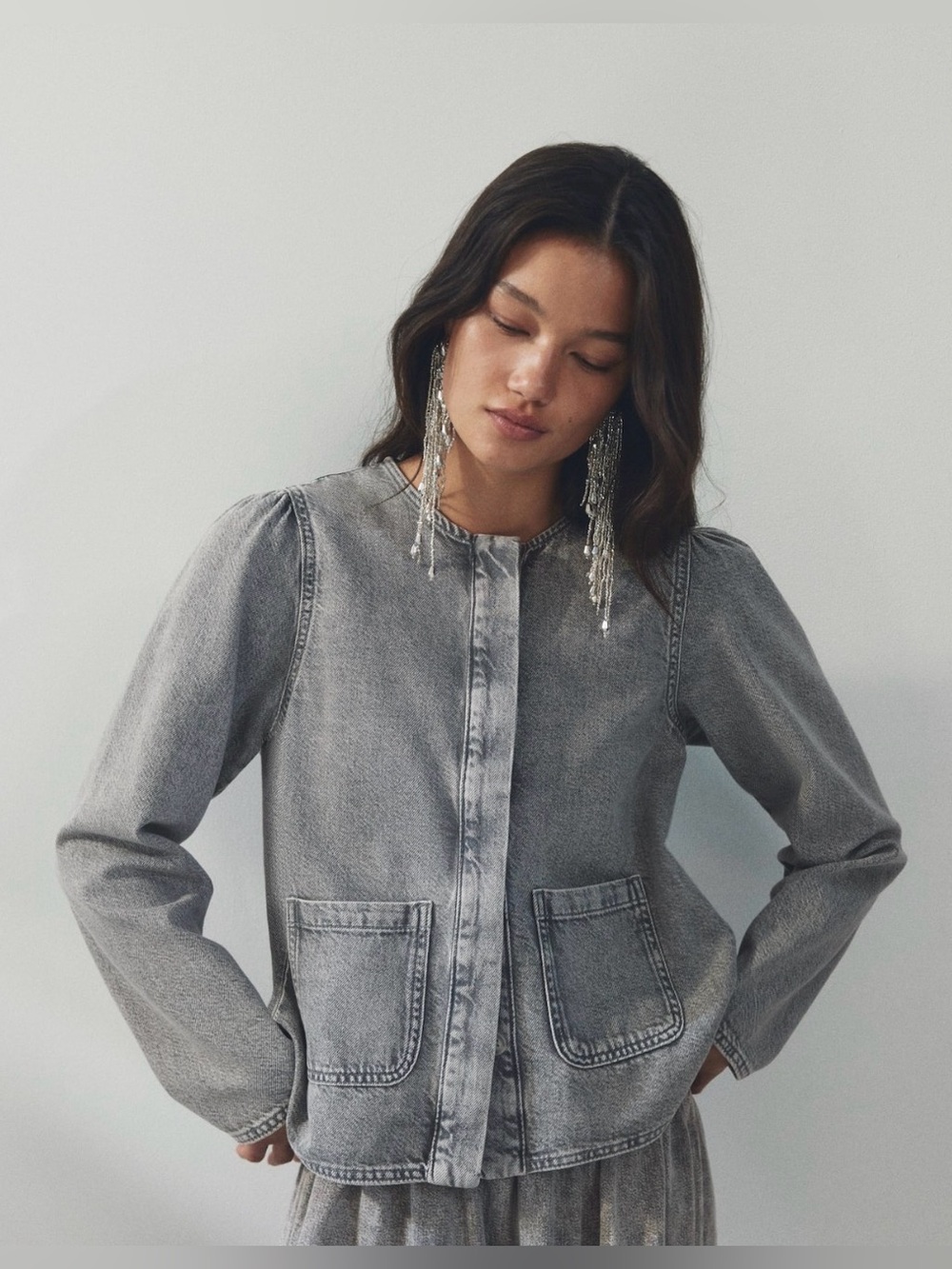 NWT H&M gray denim puff sleeved jacket size XL